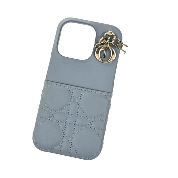 CHRISTIAN DIOR Logo Lady iPhone Case 14 Pro Leather Blue Italy - Picture 2 of 5